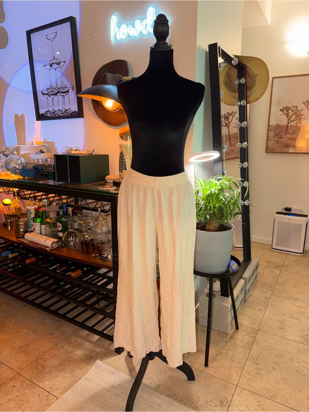 PRINCESS POLLY Cream Wide-Leg Textured Pull-On Pants